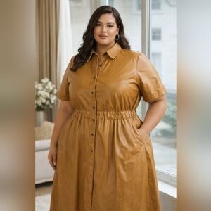Plus-Size Faux Leather Shirt Dress in Camel